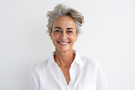 Portrait of a happy mature woman looking at camera over white backgroundの素材