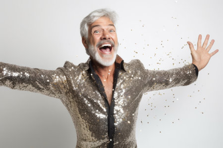 Portrait of a happy senior man dancing with confetti isolated over white backgroundの素材