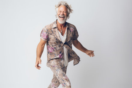 Portrait of happy senior man dancing over white background. copy spaceの素材