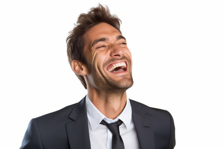 Portrait of a happy young business man laughing isolated on white backgroundの素材