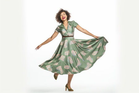 Full length portrait of young woman dancing in green dress on white backgroundの素材