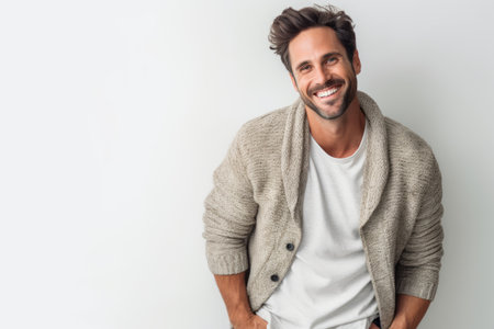 Portrait of handsome young man smiling and looking at camera while standing against white backgroundの素材