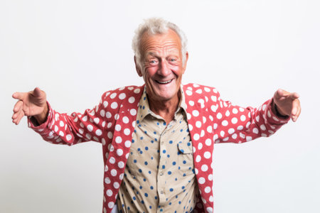 Portrait of happy senior man in polka dot shirt on white backgroundの素材
