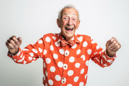 Portrait of a happy senior man in polka dot shirt on white backgroundの素材