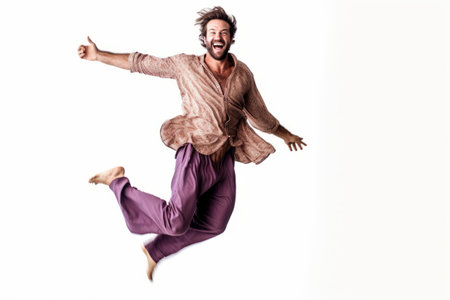 young happy man jumping, full length portrait, isolated on white backgroundの素材