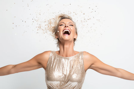 Portrait of a beautiful young woman screaming and throwing confetti isolated over white backgroundの素材