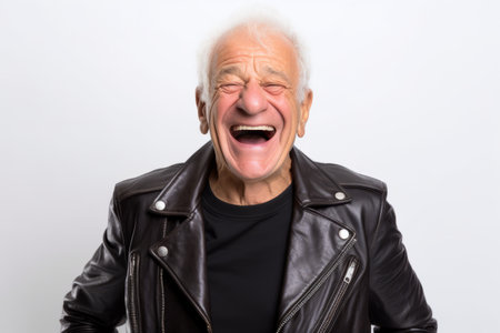 Portrait of happy senior man laughing while wearing leather jacket against white backgroundの素材