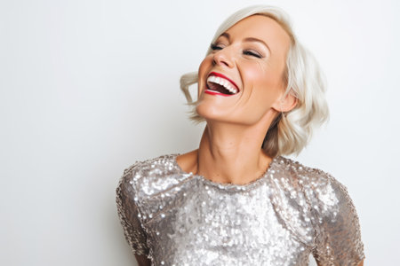Portrait of a beautiful blonde woman in shiny silver dress on white backgroundの素材