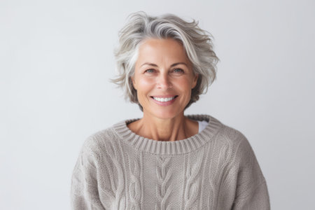 Portrait of a happy senior woman smiling at camera over white backgroundの素材
