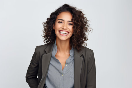 Portrait of happy smiling young businesswoman, over gray background.の素材
