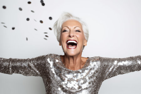 Portrait of happy senior woman throwing confetti on a white backgroundの素材