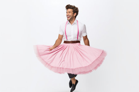 Full length portrait of a happy young man in pink skirt dancing isolated over white backgroundの素材