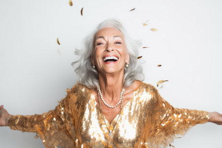 Portrait of a happy senior woman throwing confetti isolated on a white backgroundの素材
