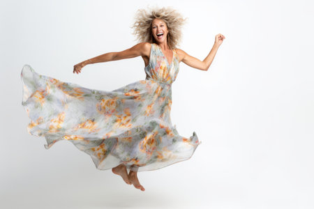 Happy young woman jumping and dancing isolated on a white background in studioの素材