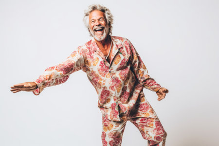 Portrait of happy senior man in pajamas dancing over white backgroundの素材
