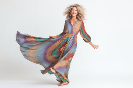 Full length portrait of a beautiful woman with curly hair dancing isolated on a white backgroundの素材