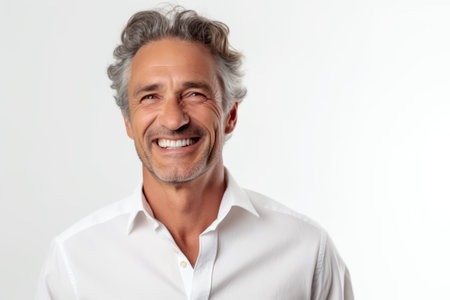 Portrait of a handsome middle-aged man smiling against white backgroundの素材