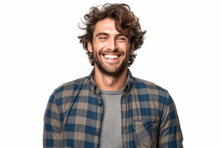 Handsome young man with long curly hair laughing on white backgroundの素材