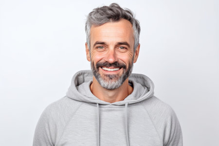 Portrait of a handsome middle-aged man with gray hair in a gray hoodie.の素材