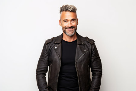 Portrait of a handsome middle-aged man in a black leather jacketの素材