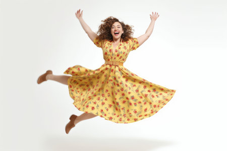 Full length portrait of happy young woman in yellow dress jumping over white backgroundの素材