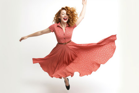 Beautiful redhead girl in a vintage dress jumping in the airの素材