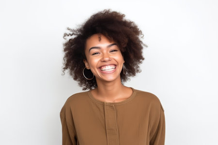 Portrait of beautiful african american woman with afro hairstyle laughingの素材