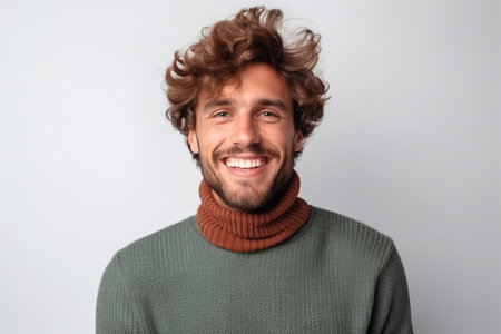 Portrait of a handsome young man in sweater and scarf smiling at camera.の素材
