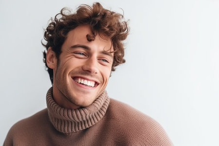 Portrait of a happy young man laughing at camera isolated over white backgroundの素材