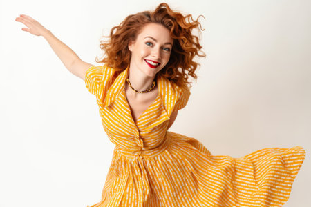 Beautiful young woman with red curly hair in a yellow dress on a white backgroundの素材