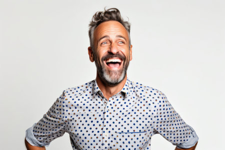 Handsome middle age man with beard and mustache laughing on gray backgroundの素材
