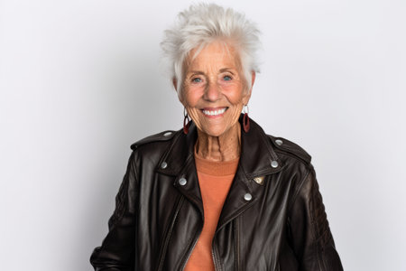 Portrait of smiling senior woman in leather jacket on white background.の素材