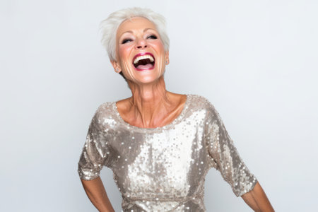 Portrait of a happy senior woman in silver dress on white backgroundの素材