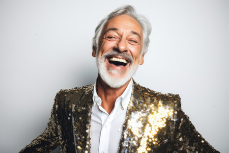 elderly man in golden jacket laughing and looking at camera isolated on grayの素材
