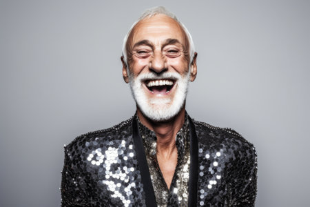 Cheerful senior man in sequin jacket smiling at camera while standing against gray backgroundの素材