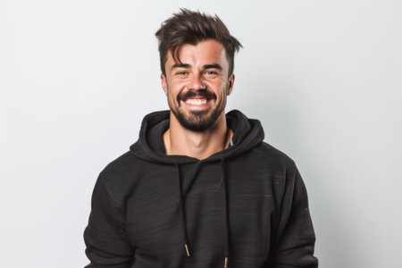 Portrait of a smiling young man in hoodie on white backgroundの素材