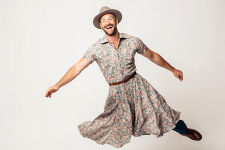 Full length portrait of a happy young man dancing isolated on a white backgroundの素材