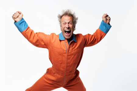 Portrait of an excited senior man celebrating success isolated over white backgroundの素材