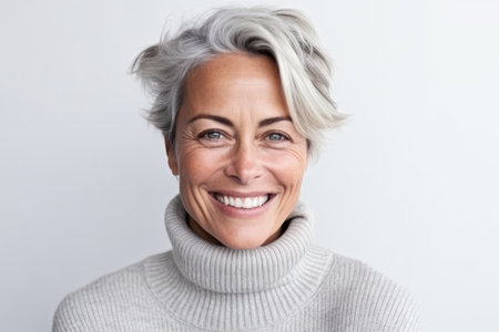 Portrait of smiling senior woman in sweater on white background, copy spaceの素材