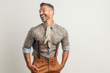 Handsome man in shirt and trousers smiling and looking away on white backgroundの素材
