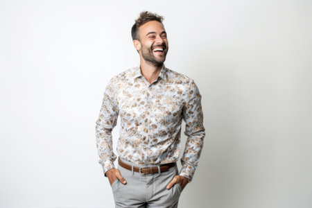 Handsome young man laughing and looking at camera on white backgroundの素材