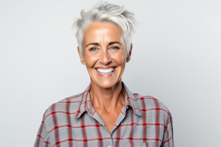 Portrait of a happy senior woman smiling at camera over white backgroundの素材