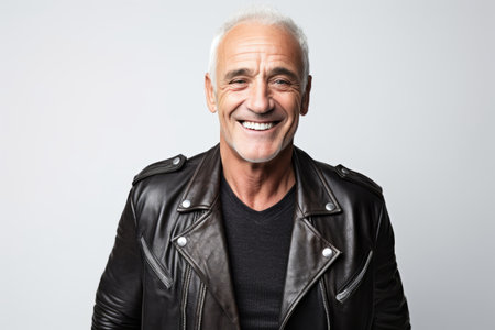 smiling senior man in leather jacket looking at camera isolated on grayの素材