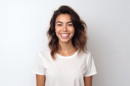 Portrait of a beautiful young woman in a white T-shirt.の素材