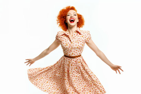 Portrait of a beautiful young redhead woman in polka dot dressの素材