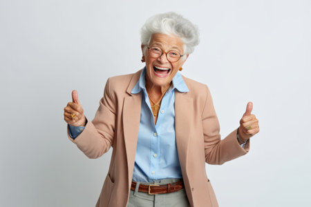 Cheerful senior woman showing thumbs up while standing against white backgroundの素材