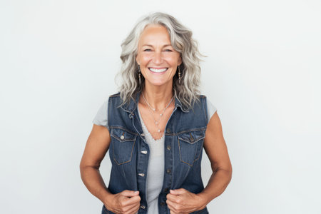 Portrait of smiling mature woman standing with hands on waist against white backgroundの素材