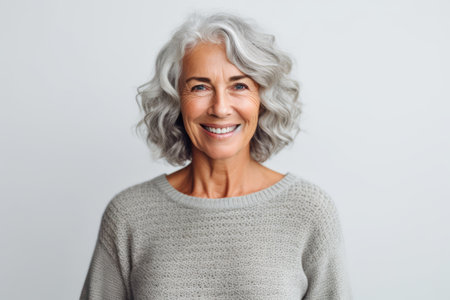 Portrait of smiling senior woman looking at camera isolated on gray backgroundの素材