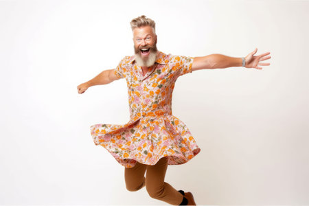 excited man jumping in the air with hands up on a white backgroundの素材