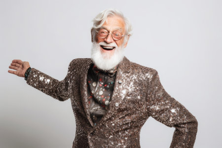 Portrait of a happy senior man with gray hair and beard. He is gesturing and smilingの素材